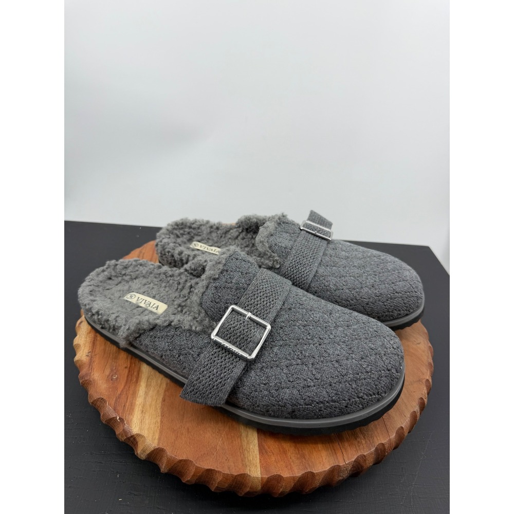 Vivaia‎ Hazel Wool Mule Slippers Women Size 10 Grey Quilted Faux Fur Lined Clogs